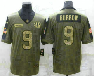 Men's Cincinnati Bengals #9 Joe Burrow 2021 Olive Camo Salute To Service Limited Stitched Jersey