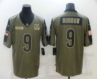 Men's Cincinnati Bengals #9 Joe Burrow 2021 Olive Salute To Service Limited Stitched Jersey