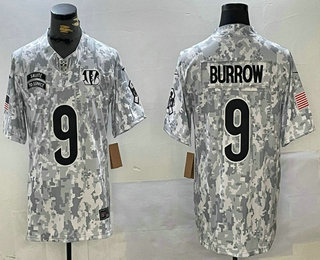 Men's Cincinnati Bengals #9 Joe Burrow Arctic Camo 2024 FUSE Salute to Service Limited Stitched Jersey