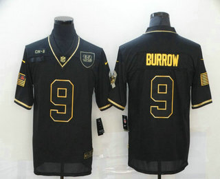 Men's Cincinnati Bengals #9 Joe Burrow Black Gold 2020 Salute To Service Stitched NFL Nike Limited Jersey