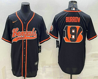 Men's Cincinnati Bengals #9 Joe Burrow Black Team Big Logo With Patch Cool Base Stitched Baseball Jersey