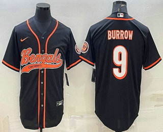 Men's Cincinnati Bengals #9 Joe Burrow Black With Patch Cool Base Stitched Baseball Jersey