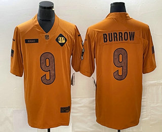 Men's Cincinnati Bengals #9 Joe Burrow Brown 2023 Salute To Service Limited Stitched Jersey