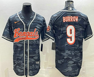 Men's Cincinnati Bengals #9 Joe Burrow Grey Camo With Patch Cool Base Stitched Baseball Jersey