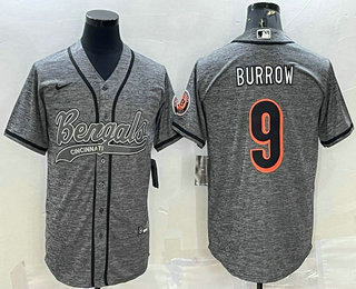 Men's Cincinnati Bengals #9 Joe Burrow Grey Gridiron Team Big Logo Cool Base Stitched Baseball Jersey