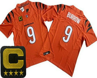 Men's Cincinnati Bengals #9 Joe Burrow Limited Orange C Patch FUSE Vapor Jersey