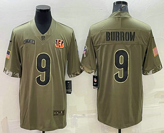 Men's Cincinnati Bengals #9 Joe Burrow Olive 2022 Salute To Service Limited Stitched Jersey