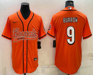 Men's Cincinnati Bengals #9 Joe Burrow Orange With Patch Cool Base Stitched Baseball Jersey