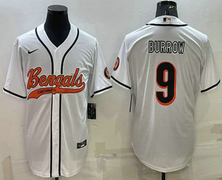 Men's Cincinnati Bengals #9 Joe Burrow White With Patch Cool Base Stitched Baseball Jersey