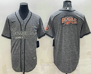 Men's Cincinnati Bengals Grey Gridiron Team Big Logo Cool Base Stitched Baseball Jersey