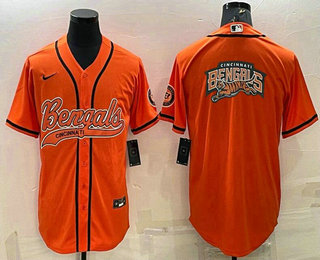 Men's Cincinnati Bengals Orange Team Big Logo With Patch Cool Base Stitched Baseball Jersey