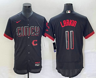 Men's Cincinnati Reds #11 Barry Larkin Black 2023 City Connect Flex Base Stitched Jersey 01