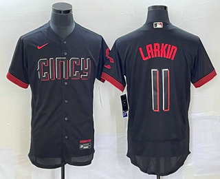 Men's Cincinnati Reds #11 Barry Larkin Black 2023 City Connect Flex Base Stitched Jersey 02