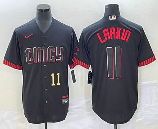 Men's Cincinnati Reds #11 Barry Larkin Number Black 2023 City Connect Cool Base Stitched Jersey 01