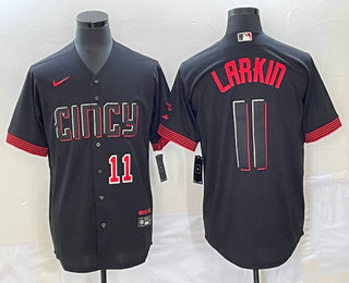 Men's Cincinnati Reds #11 Barry Larkin Number Black 2023 City Connect Cool Base Stitched Jersey 02