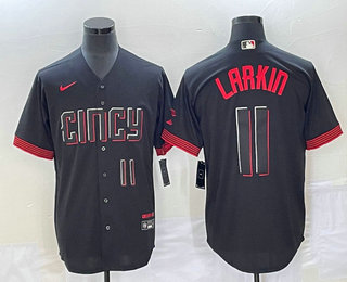 Men's Cincinnati Reds #11 Barry Larkin Number Black 2023 City Connect Cool Base Stitched Jersey 03