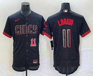 Men's Cincinnati Reds #11 Barry Larkin Number Black 2023 City Connect Flex Base Stitched Jersey 01