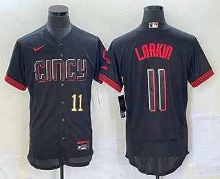 Men's Cincinnati Reds #11 Barry Larkin Number Black 2023 City Connect Flex Base Stitched Jersey 02