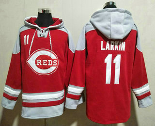 Men's Cincinnati Reds #11 Barry Larkin Red Ageless Must Have Lace Up Pullover Hoodie