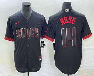 Men's Cincinnati Reds #14 Pete Rose Black 2023 City Connect Cool Base Stitched Jersey 01