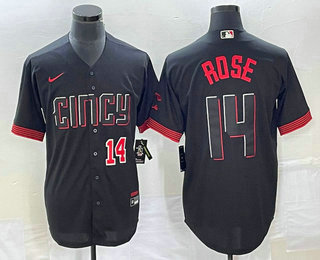 Men's Cincinnati Reds #14 Pete Rose Number Black 2023 City Connect Cool Base Stitched Jersey 01