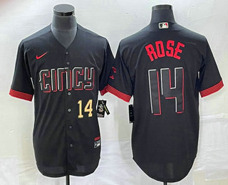 Men's Cincinnati Reds #14 Pete Rose Number Black 2023 City Connect Cool Base Stitched Jersey 03