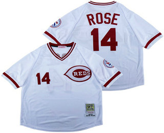 Men's Cincinnati Reds #14 Pete Rose White Mesh Batting Practice 1976 Throwback Jersey By Mitchell & Ness