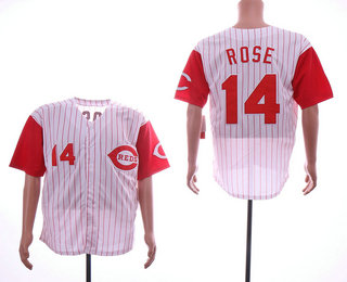 Men's Cincinnati Reds #14 Pete Rose White Pinstripe Throwback Stitched MLB Majestic Cooperstown Collection Jersey