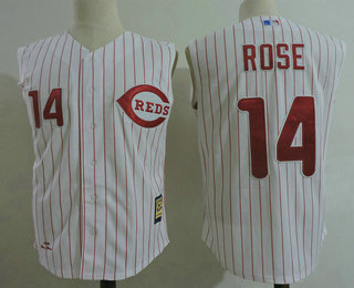 Men's Cincinnati Reds #14 Pete Rose White Vest Pinstripe Cooperstown Collection Stitched MLB Majestic Jersey