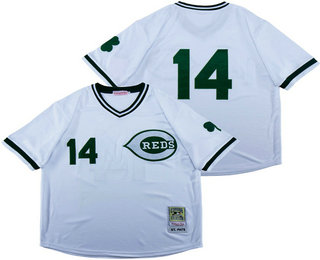 Men's Cincinnati Reds #14 Pete Rose White With Green Number Throwback Jersey By Mitchell & Ness