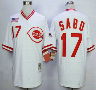 Men's Cincinnati Reds #17 Chris Sabo 1990 White Throwback Jersey