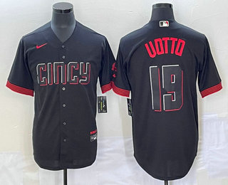 Men's Cincinnati Reds #19 Joey Votto Black 2023 City Connect Cool Base Stitched Jersey 01