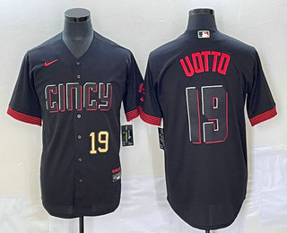 Men's Cincinnati Reds #19 Joey Votto Number Black 2023 City Connect Cool Base Stitched Jersey 02