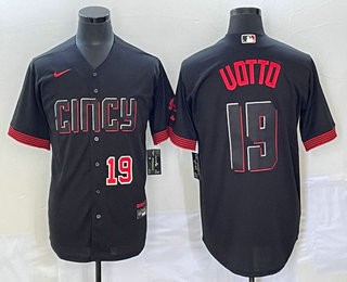 Men's Cincinnati Reds #19 Joey Votto Number Black 2023 City Connect Cool Base Stitched Jersey 03