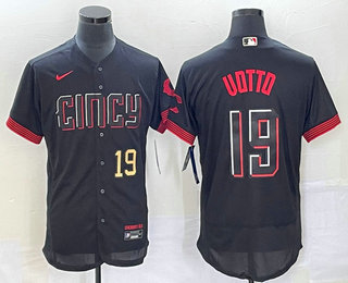 Men's Cincinnati Reds #19 Joey Votto Number Black 2023 City Connect Flex Base Stitched Jersey 01