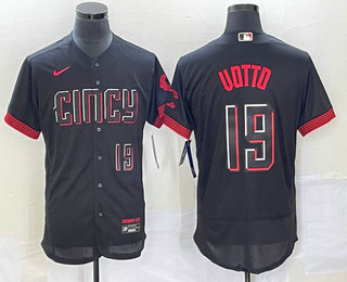 Men's Cincinnati Reds #19 Joey Votto Number Black 2023 City Connect Flex Base Stitched Jersey 02