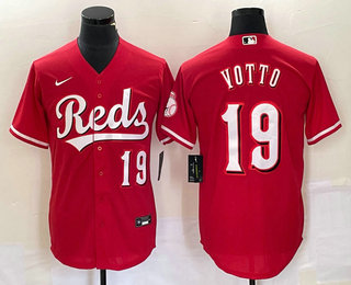 Men's Cincinnati Reds #19 Joey Votto Number Red Cool Base Stitched Baseball Jersey 02