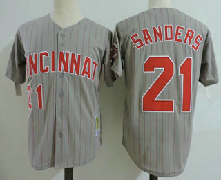 Men's Cincinnati Reds #21 Deion Sanders Gray Pinstripe 1997 Throwback Stitched MLB Majestic Cooperstown Collection Jersey