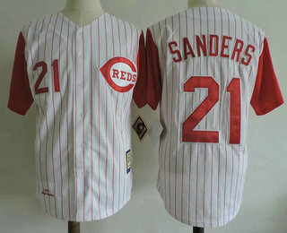 Men's Cincinnati Reds #21 Deion Sanders White Pinstripe 1997 Throwback Stitched MLB Majestic Cooperstown Collection Jersey