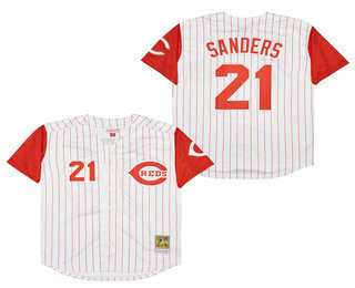 Men's Cincinnati Reds #21 Deion Sanders White Pinstripe Throwback Stitched MLB Cooperstown Collection Jersey