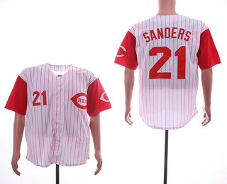 Men's Cincinnati Reds #21 Deion Sanders White Pinstripe Throwback Stitched MLB Majestic Cooperstown Collection Jersey