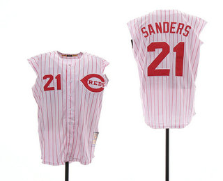 Men's Cincinnati Reds #21 Deion Sanders White Vest Pinstripe 1995 Throwback Stitched MLB Cooperstown Collection Jersey