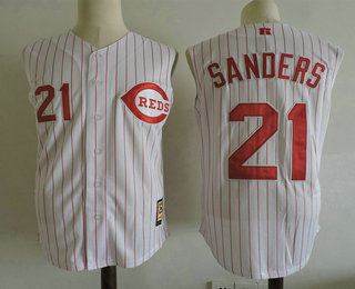 Men's Cincinnati Reds #21 Deion Sanders White Vest Pinstripe 1995 Throwback Stitched MLB Majestic Cooperstown Collection Jersey