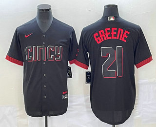 Men's Cincinnati Reds #21 Hunter Greene Black 2023 City Connect Cool Base Stitched Jersey 02