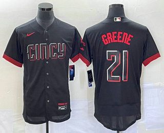 Men's Cincinnati Reds #21 Hunter Greene Black 2023 City Connect Flex Base Stitched Jersey 01