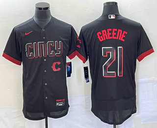 Men's Cincinnati Reds #21 Hunter Greene Black 2023 City Connect Flex Base Stitched Jersey 02