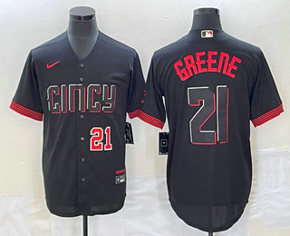 Men's Cincinnati Reds #21 Hunter Greene Number Black 2023 City Connect Cool Base Stitched Jersey 01