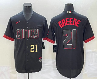 Men's Cincinnati Reds #21 Hunter Greene Number Black 2023 City Connect Cool Base Stitched Jersey 02