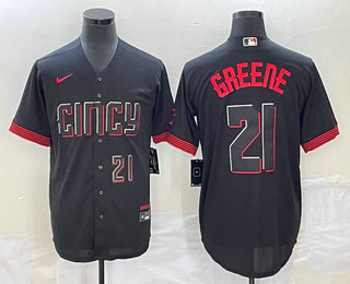 Men's Cincinnati Reds #21 Hunter Greene Number Black 2023 City Connect Cool Base Stitched Jersey 03