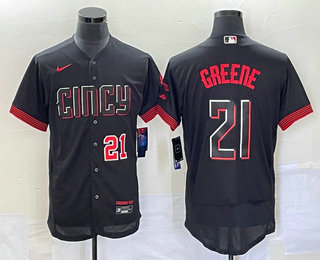 Men's Cincinnati Reds #21 Hunter Greene Number Black 2023 City Connect Flex Base Stitched Jersey 01